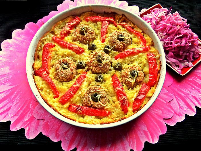 Запечённое пюре с котлетами