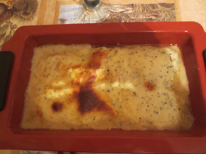 Треска с грибами под соусом Бешамель