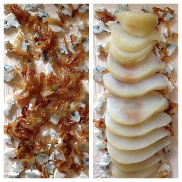 Пироги с грушей-пашот, карамелизированным луком и голубым сыром