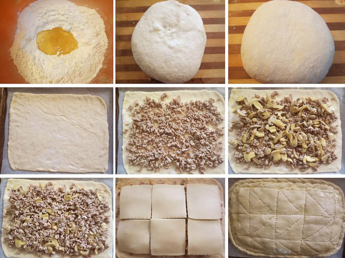 Пирог с мясной, грибной и сырной начинкой