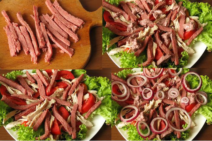 Мясной салат с майонезом-ткемали