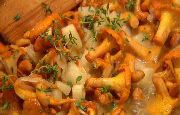 Брускетты с лисичками, сельдереем и зеленым луком 