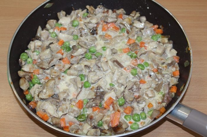 Сочный пирог с курицей, грибами и зеленым горошком