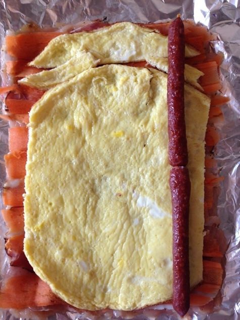 Куриный рулет с омлетом и охотничьими колбасками