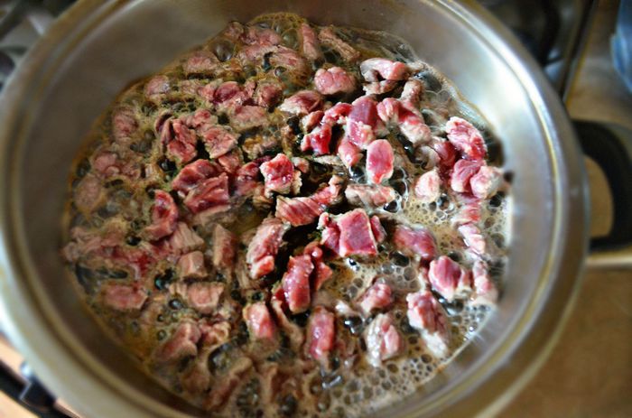 Мильфей с мясом, гречкой и овощами