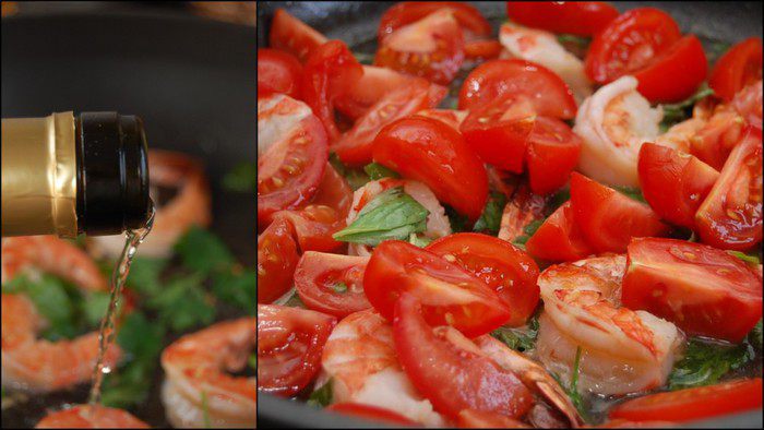 Фрегула с соусом из креветок и томатов черри 