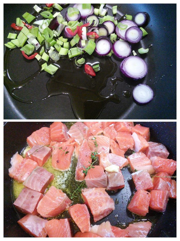 Рагу из лосося с перловкой под сырным суфле 