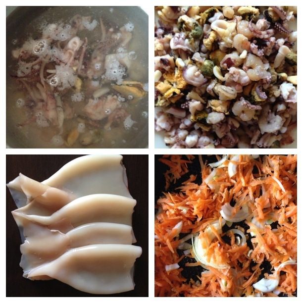 Кальмары, фаршированные морепродуктами, под сливочным соусом 