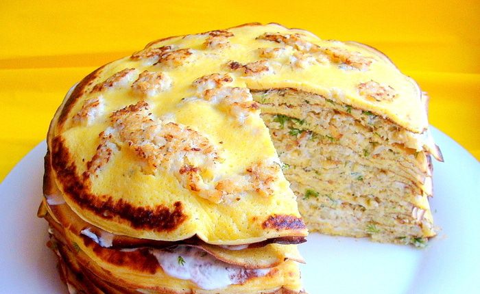 Пряные блины с припеком (рыбный торт)